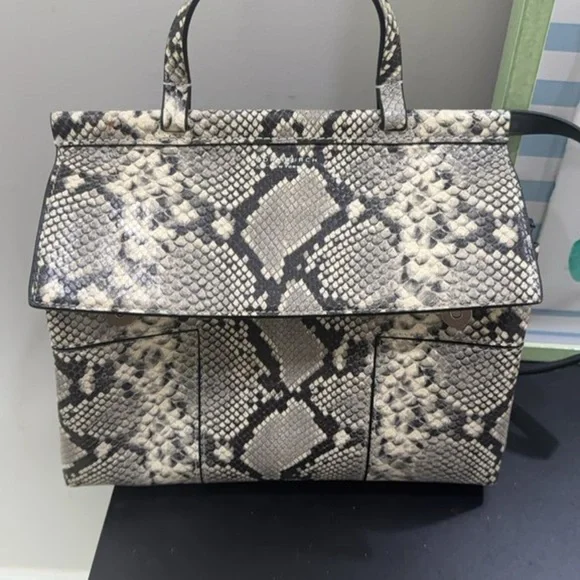 Tory Burch Block-T Snake Print Satchel | Python Embossed Leather Tote - Picture 2 of 7
